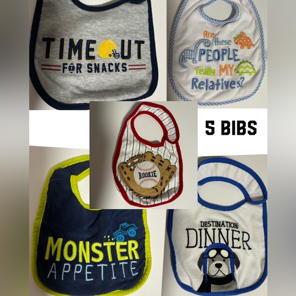 5 Baby Toddlers Boys Bibs Baseball Monster Dinner Relatives Snacks EUC - Picture 1 of 13